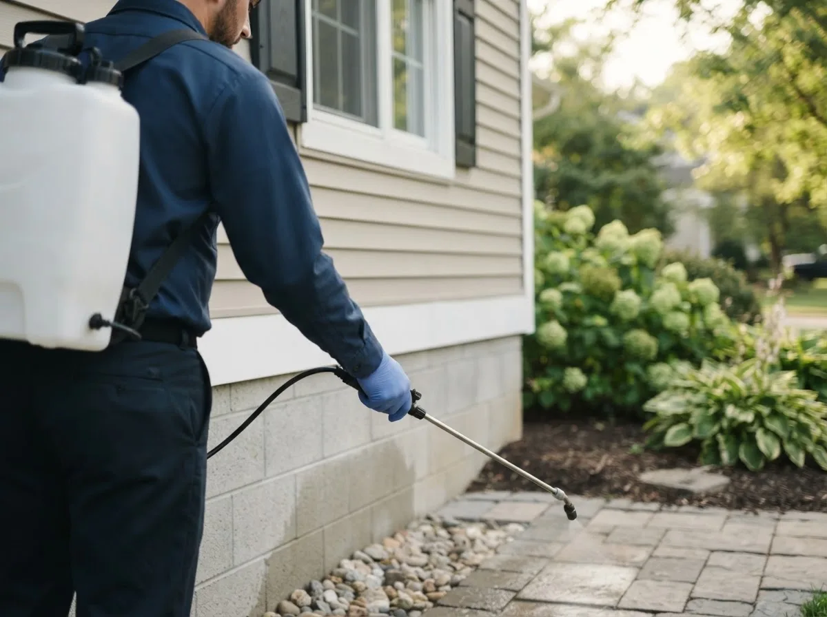 Pest control technician inspecting a home in Heuvelton, NY